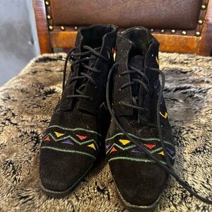 GS International Black Suede Colorful Embroidered Lace up Booties, Size 8.5